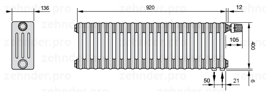 Схема (чертеж) Радиатор Zehnder Charleston 4040/20 №V002 Белый глянцевый RAL 9016